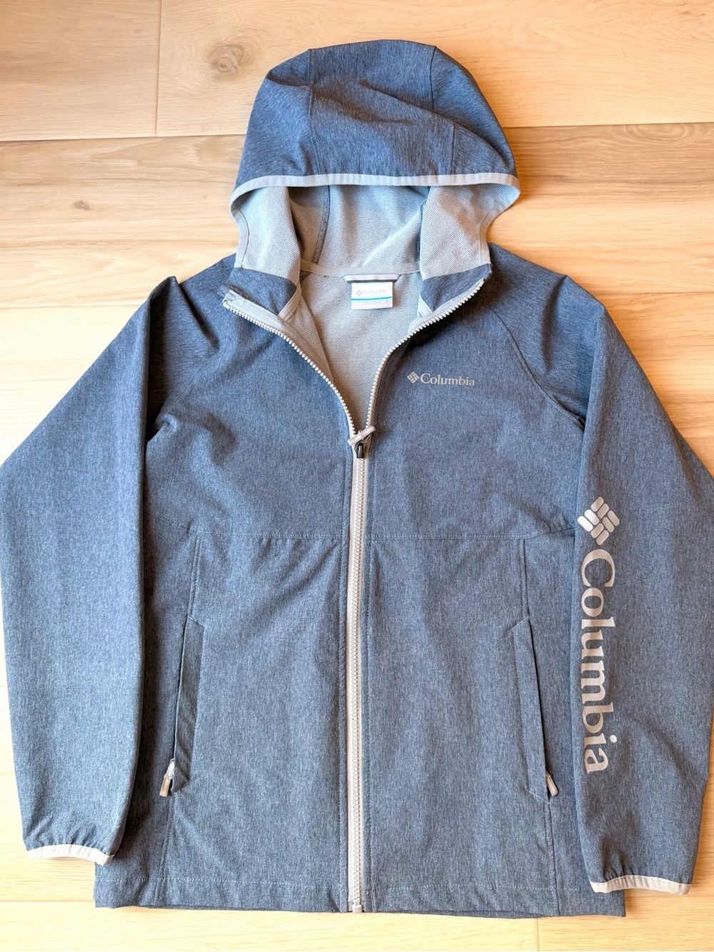Columbia Boys Softshell Hooded Jacket Heather Gray Blue Arm Logo Size Medium